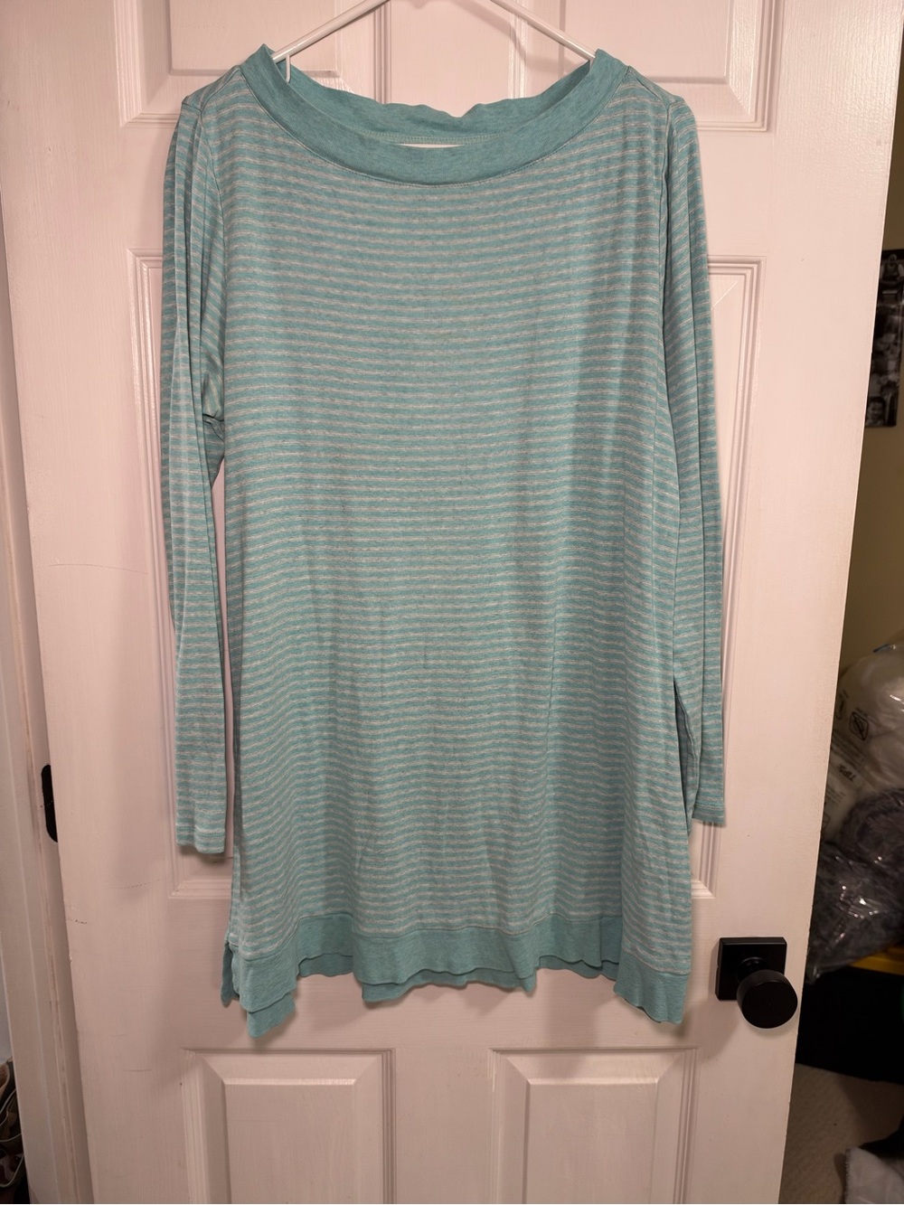 J. Jill Aqua and White Striped Scoop Neck Sweater